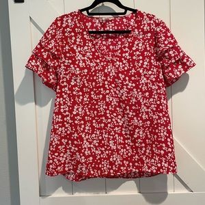 Entro, L, v neck blouse, red and white with ruffled sleeves.